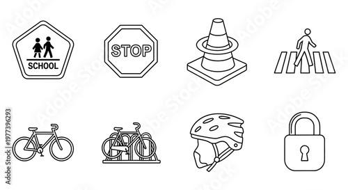 Set of eight distinct icons depicting road safety, traffic control, and transportation elements, including school crossing, stop sign, traffic cone, crosswalk, bicycle racks, helmet, and padlock