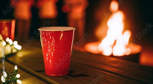 Red Party Cup on a Wooden Table with a Fire Pit in Background