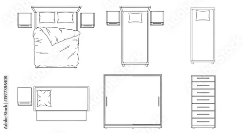 Top-down view of bedroom furniture arrangement with beds, nightstands, and dressers for interior design inspiration and planning