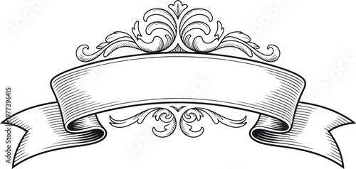 Vintage banner with ornate scrollwork and blank space for text on transparent background.