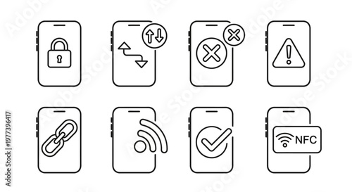 Smartphone app icons representing security, connectivity, notifications, and data transfer functions