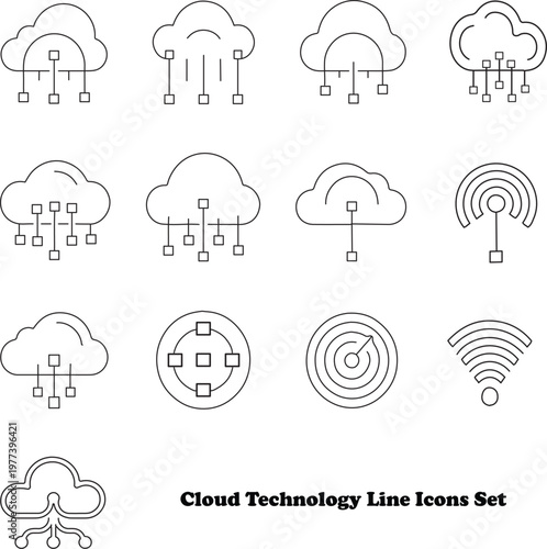 Cloud Technology Line Icons Set for Networking and Data Storage