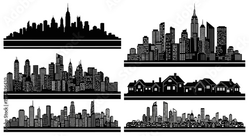 Vast Collection of Black and White Cityscape Silhouettes and Suburban House Illustrations
