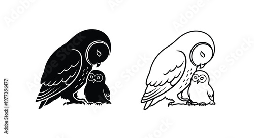 Two owls a parent and chick shown in contrasting styles silhouette