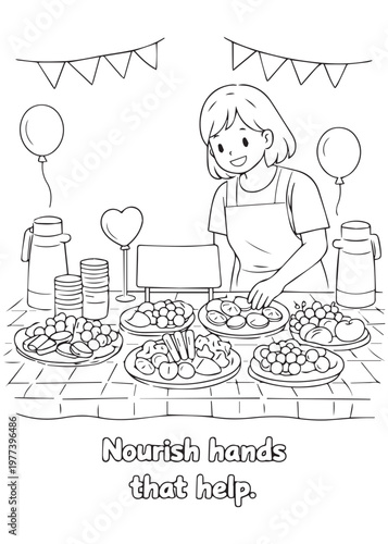 coloring book mother serving nourishing food for May Day helpers
