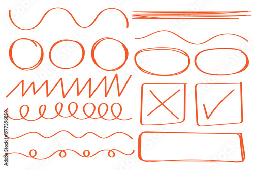 Line pen hand drawn marker stroke underline check mark emphasis. Line marker highlight, arrow, check mark set. Star oval sticker sign note scribble emphasis icon element.