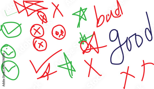 Hand drawn teacher grading marks and feedback icons, red and green check marks with cross symbols, school exam evaluation doodles and text