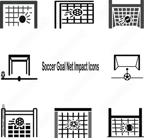 Soccer goal net impact icons set with ball hitting the net