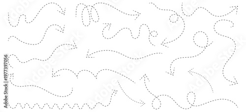 Doodle dashed arrows. Hand-drawn dashed and dotted lines. Wavy swirl lines set, sketch dotted curve path elements. Vector .