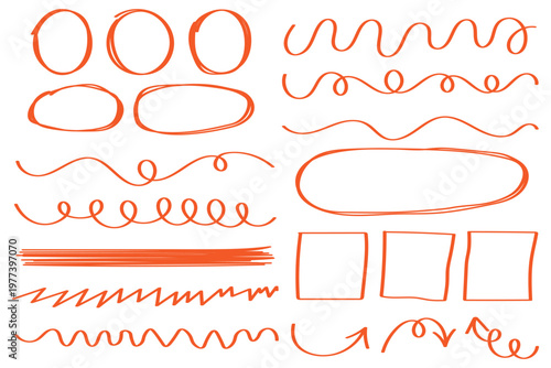 Line pen hand drawn marker stroke underline check mark emphasis. Line marker highlight, arrow, check mark set. Star oval sticker sign note scribble emphasis icon element.