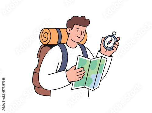 Man with Backpack Holding Map and Compass for Travel Adventure.