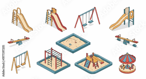 Collection of isometric playground equipment and structures for children's outdoor play.