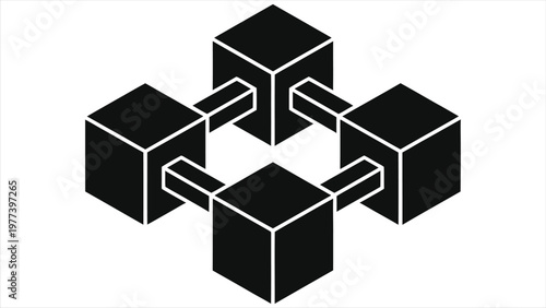 Decentralized Blockchain Technology Icon with Connected 3D Cubes. Digital Network, Data Storage and Cryptocurrency Infrastructure Concept. Abstract Isometric Geometric Illustration on White.