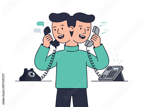 Man with two heads talking on two different phones.