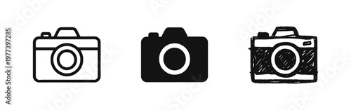 Camera icons set in line, solid and hand drawn styles for photography and travel designs
