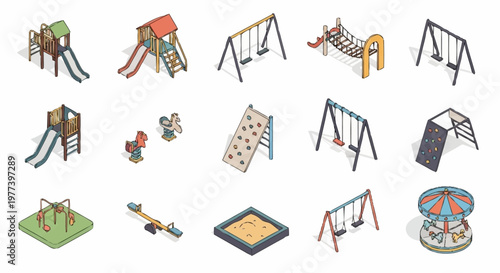 Collection of isometric playground equipment icons, including slides, swings, and climbing frames.