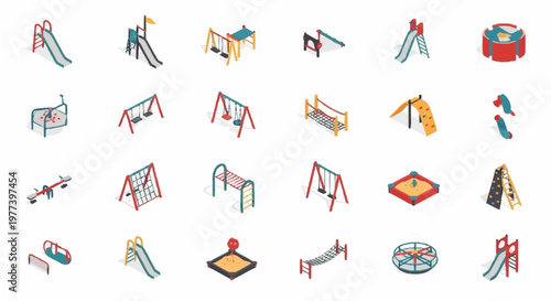 Collection of colorful isometric playground equipment icons on a white background.