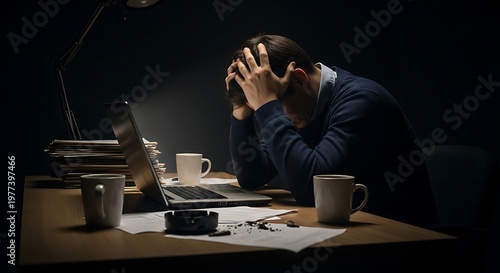 Stressed Man at Desk with Laptop Overwhelmed by Work