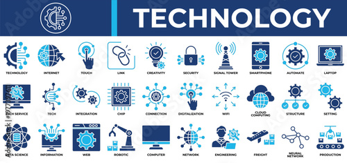 Technology icon set collection. Containing interaction, link, advice, touch, insurance, learning, relation .Solid vector icons collection
