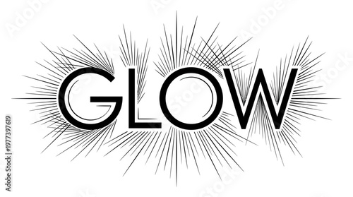 Stylized "Glow" text with radiating lines, on isolated white background, conveying brilliance and radiant energy.