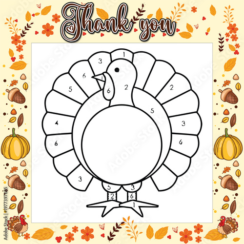 A simple and round Thanksgiving turkey with fanned tail feathers, designed as an easy color by number activity for young learners.