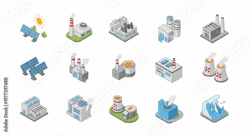 Collection of isometric icons representing various types of power plants and energy sources, including solar, nuclear, and industrial factories.