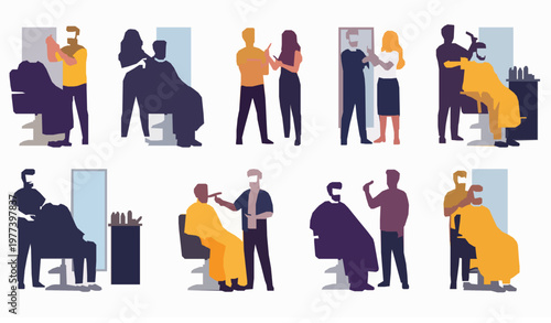 Hair salon character vector set with men and women haircut beard trim and moustache shaving colorful style