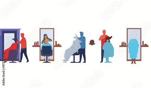 Hair salon process vector illustration with men and women haircut beard styling and grooming sequence