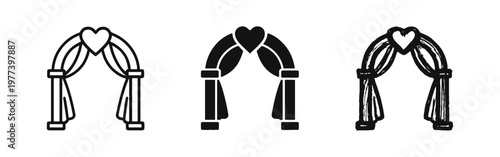 Wedding arch icons with heart decoration in line, silhouette, and hand-drawn styles for bridal ceremonies
