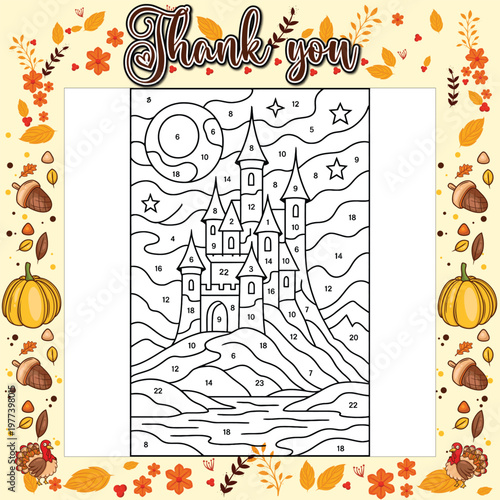 An enchanting color by number scene featuring a spooky castle on a hill under a moonlit sky with stars, perfect for Halloween.