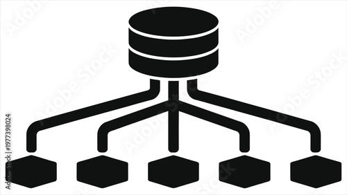 Black Hierarchical Organization Chart Silhouette Representing Data Structure, Central Database Networking, Information Flow, System Architecture, and Corporate Management Hierarchy Icon Concept
