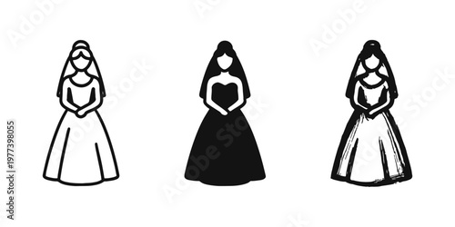 Bride in wedding dress icons in outline, solid, and hand-drawn styles for bridal and marriage themes