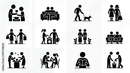 Black and white vector icons depicting human figures in various daily activities such as shopping driving gardening and relaxing