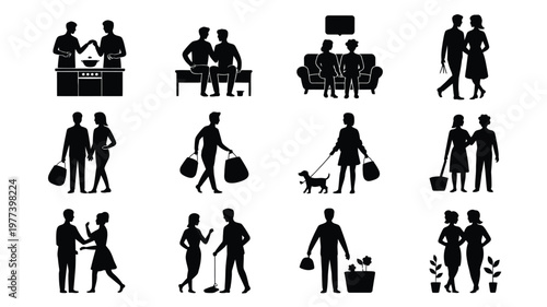 Silhouette icons of people in various daily life activities including office work travel cleaning and leisure in a minimalist style