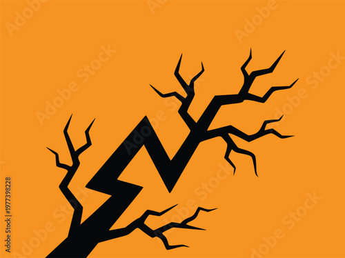 Abstract lightning bolt and dead tree branch silhouette on orange