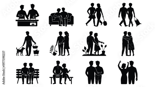 Silhouette vector illustration of people engaging in various activities showcasing relationships leisure and daily life moments in a minimalist style
