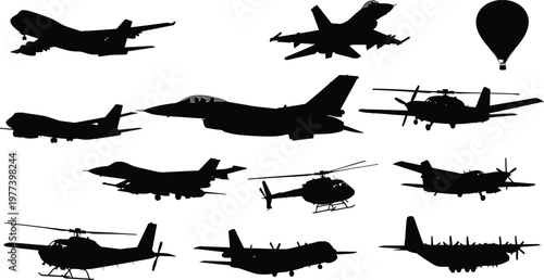 Professional Aviation Silhouette Vector Set Featuring Fighter Jets Military Cargo Planes Helicopters and Hot Air Balloon for Aerospace and Defense Branding