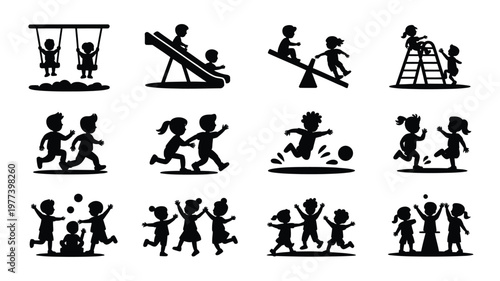 Children playing on swings slides and seesaws in a whimsical silhouette set capturing joyful activities in a playful park environment