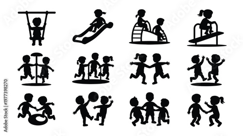 Silhouettes of children playing on swings slides seesaws and climbing frames in a playground setting
