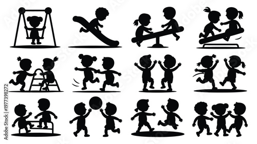 Silhouette illustration of children playing outdoors in various activities including swinging sliding running and climbing
