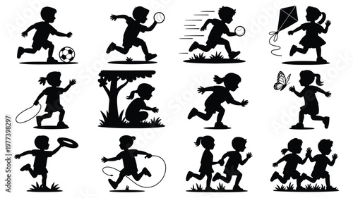 Silhouettes of children playing sports and games outdoors including soccer running kite flying and jump rope