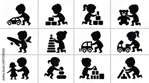Children's silhouettes playing with toys and vehicles in minimalist black and white icons for education concepts