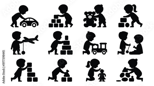 Children playing with toys and blocks in silhouette style featuring creative activities stacking and building set against a clean white background