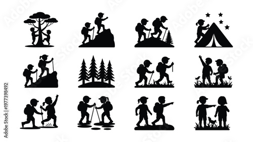 Silhouette icons of hikers and campers performing outdoor activities like climbing trekking setting up tents and exploring nature in minimalist black and white style