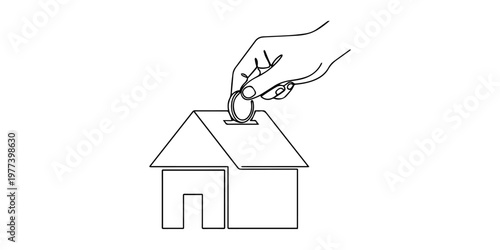 hand putting coin in house piggy bank.Continuous one line drawing, Saving income for future housing concept, Business human hand hold coin with house, Digital marketing illustration.Continuous line on
