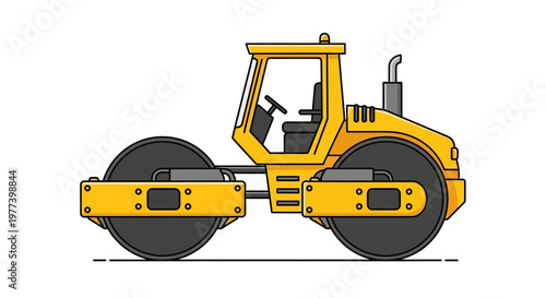 Yellow and Black Road Roller Illustration with Detailed Outline and Design