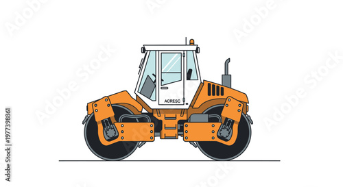 Orange and Black Road Roller Illustration with White Cabin and Details