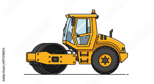 Yellow Road Roller Illustration: Construction Vehicle with Black Wheels and Details
