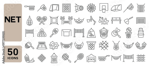 Set of 50 line icons related to net, fishing net, basketball hoop, mosquito net, hammock, goal net, nets, Editable stroke. Vector illustration