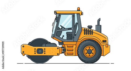 Vector Illustration of a Yellow Road Roller Compactor Machine
